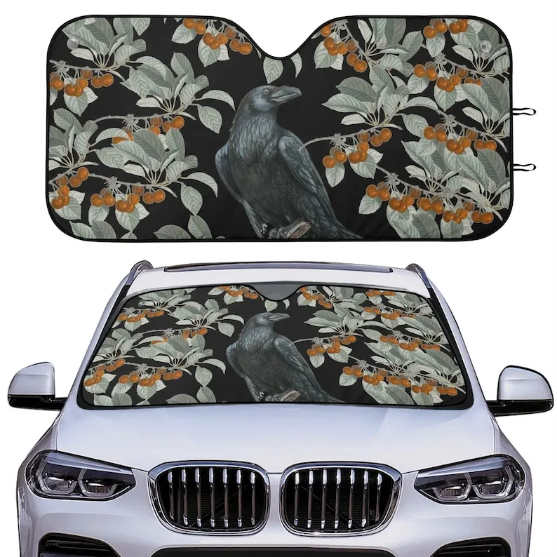 

Dark Cottagecore crow forest Car sunshade for windshield, Green witch Window Sun Blocker, Forest witch car accessories Auto Deco
