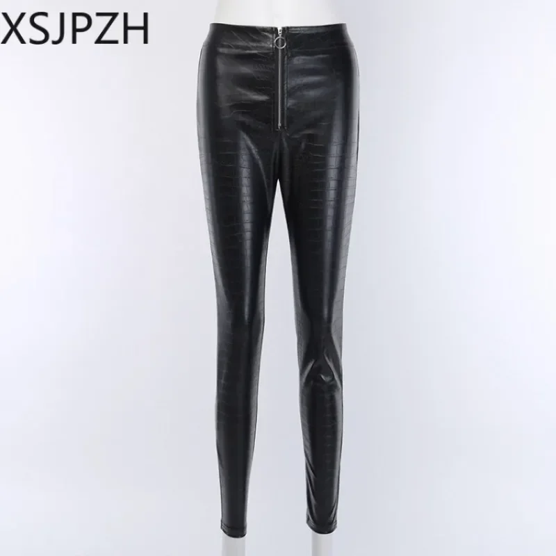 

Xsjpzh Autumn Winter High-waisted Casual Alligator Grain PU Leather Pants Women Slim Fashion Sexy Zipper Lady Pencil Pants