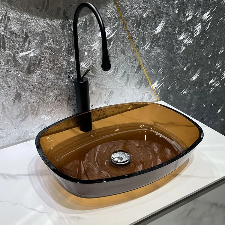 

Online celebrity tempered glass table basin single basin simple washbasin home gray art basin B&B brown bathroom