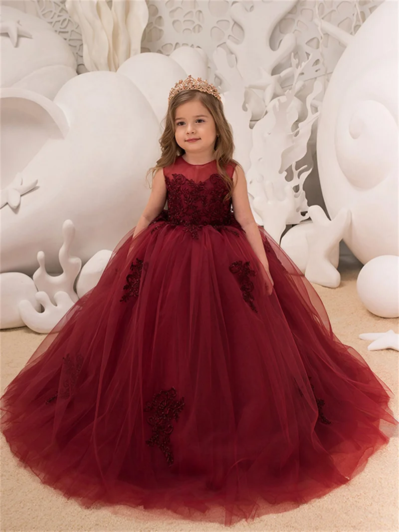 

Burgundy Princess Sleeveless Tulle Flower Girl Dresses Sweep Train Scoop Neck Lace Birthday Pageant Ball Gowns ​with Appliques
