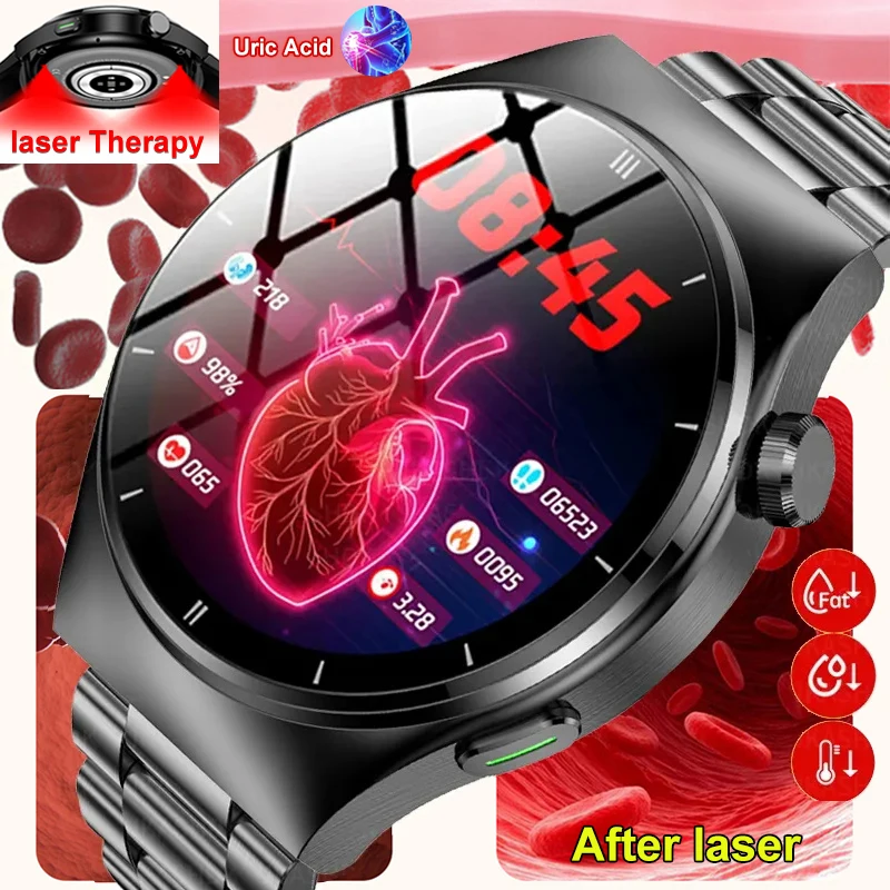 

650nm Smartwatch Men Laser Therapy Blood Glucose Uric Acid ECG+PPG BT Call Heart Rate Full Touch Screen Fitness Smart Watch 2023