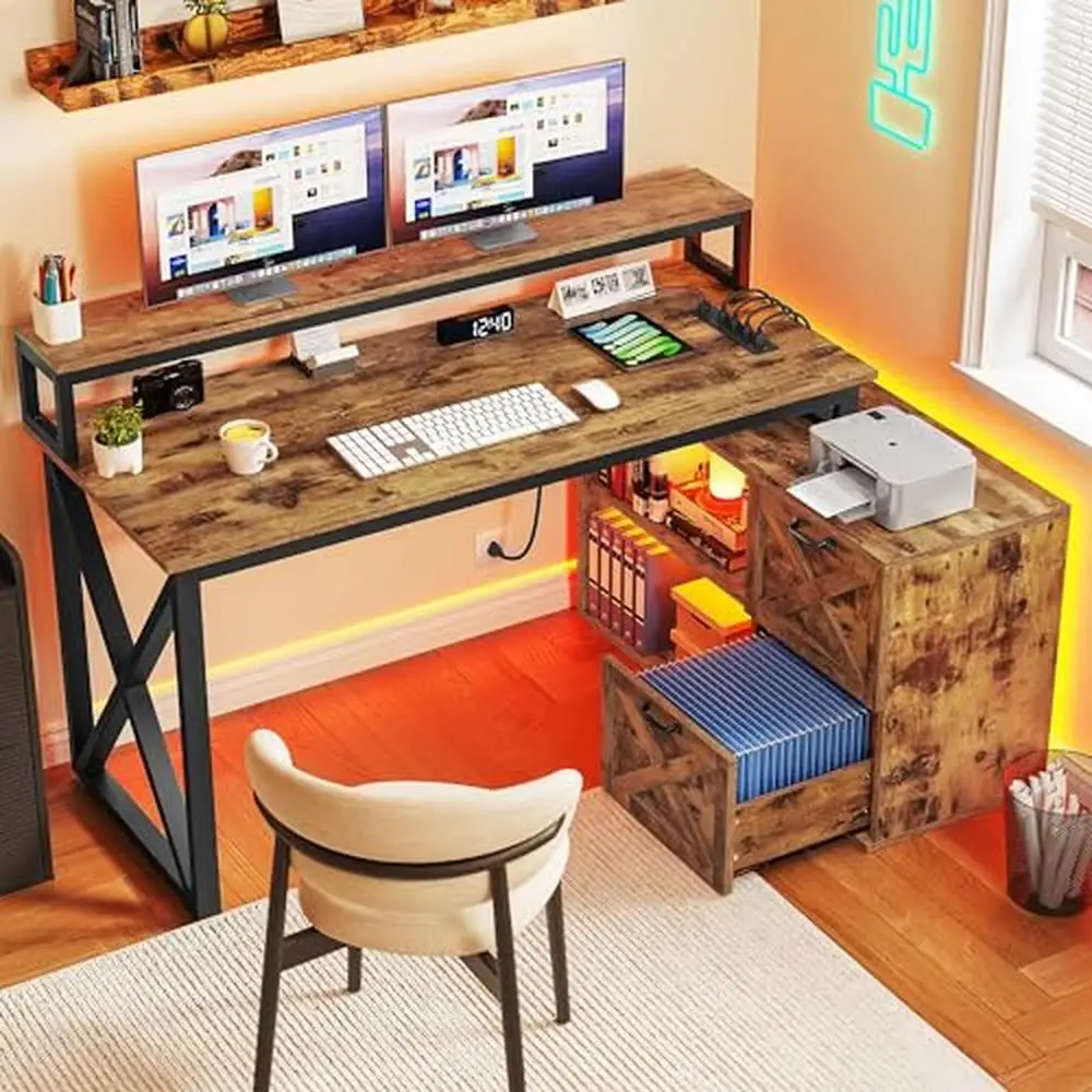 Corner Desk with USB Ports & RGB LED Lights L-Shaped File Cabinet Monitor Stand Power Outlets and Drawers Rustic Brown
Corner Desk with USB Ports & RGB LED Lights L-Shaped File Cabinet Monitor Stand Power Outlets and Drawers Rustic Brown