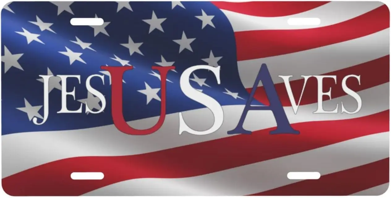 

License Plate Jesus Saves USA Flag License Plate Cover Aluminum Car Front Plate Vanity Tag for Men Women 6X12 Inch 4 Holes