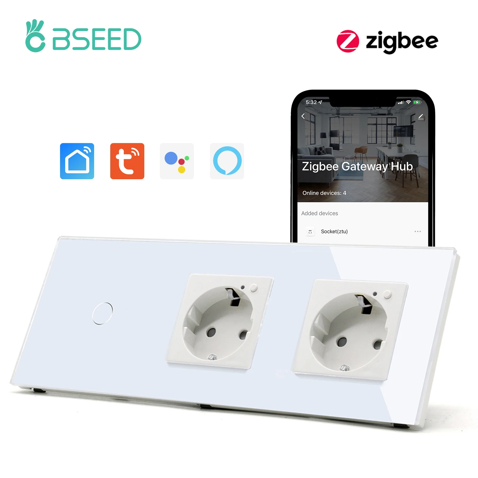 

Сенсорный выключатель BSEED ZigBee, розетка ZigBee европейского стандарта, черная, белая, Золотая стеклянная панель, 1/2/3 клавиши, 1 канал, Настенные переключатели света, приложение