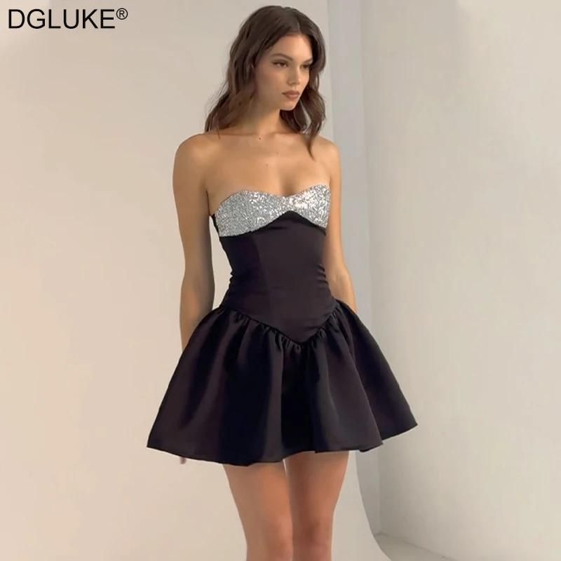 

Sparkling Glitter Strapless A-Line Mini Dress Criss Cross Backless Short Black Dress Fashion Birthday Party Dress For Women 2024