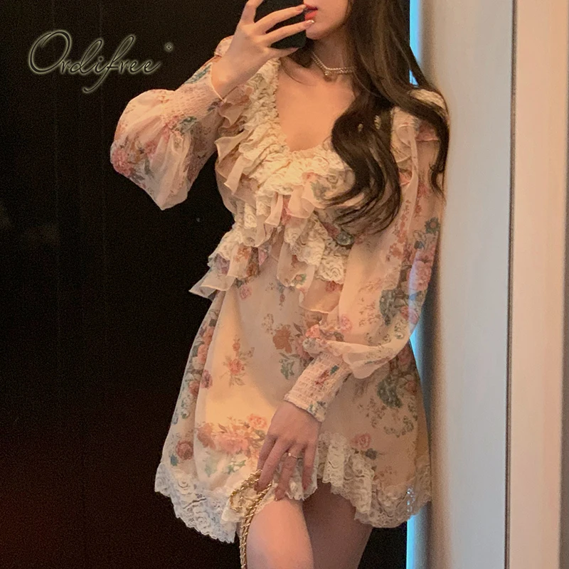 

Ordifree 2023 Summer Women Floral Mini Dress Vintage Flower Print Hollow Out White Lace Crochet Sexy Ruffle Beach Dress