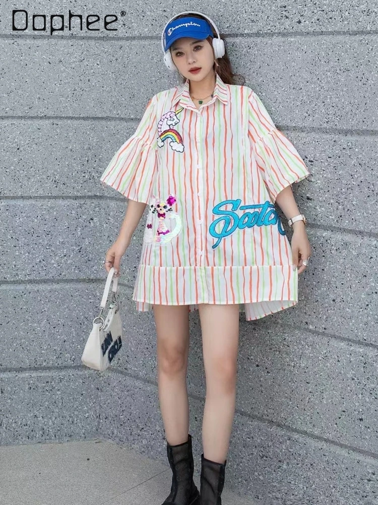 European Goods Trendy Brand Striped Cartoon Patch Sequined Top Female 2024 Spring Summer Loose Bell Sleeve Shirt for Women
European Goods Trendy Brand Striped Cartoon Patch Sequined Top Female 2024 Spring Summer Loose Bell Sleeve Shirt for Women