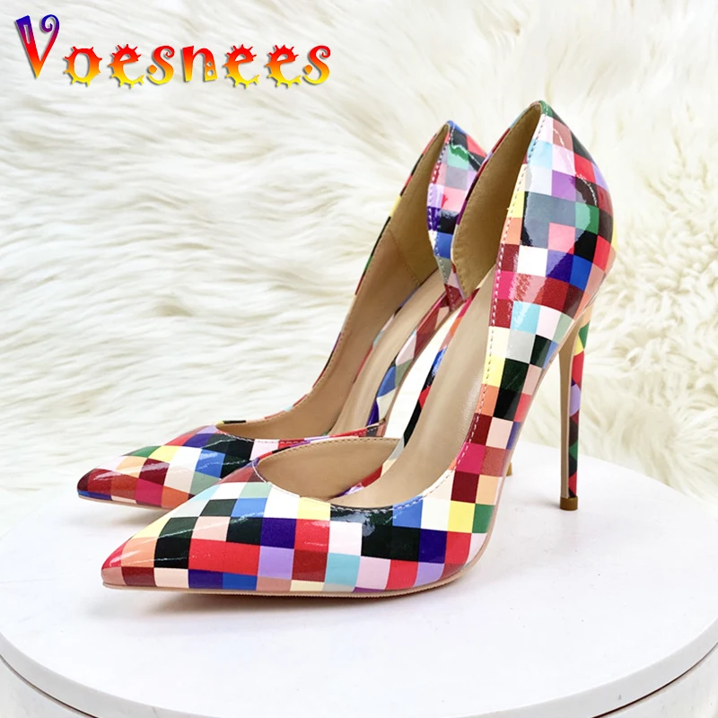 

Voesnees New Grid Pattern High Heels 12CM Stiletto Colorful Pointed Toe Slip-on Women Shoes Plus Size Mixed Color Party Pumps