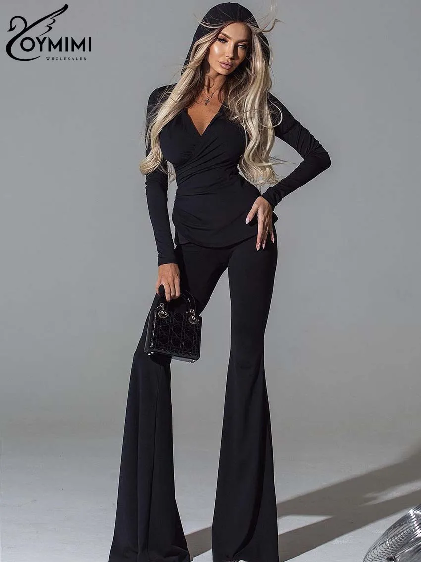 Oymimi Fashion Black Slim Two Pice Set Of Women Casual Hooded Collar V-Neck Long Sleeve Tops And High Waist Wide Leg Pants Sets
Oymimi Fashion Black Slim Two Pice Set Of Women Casual Hooded Collar V-Neck Long Sleeve Tops And High Waist Wide Leg Pants Sets