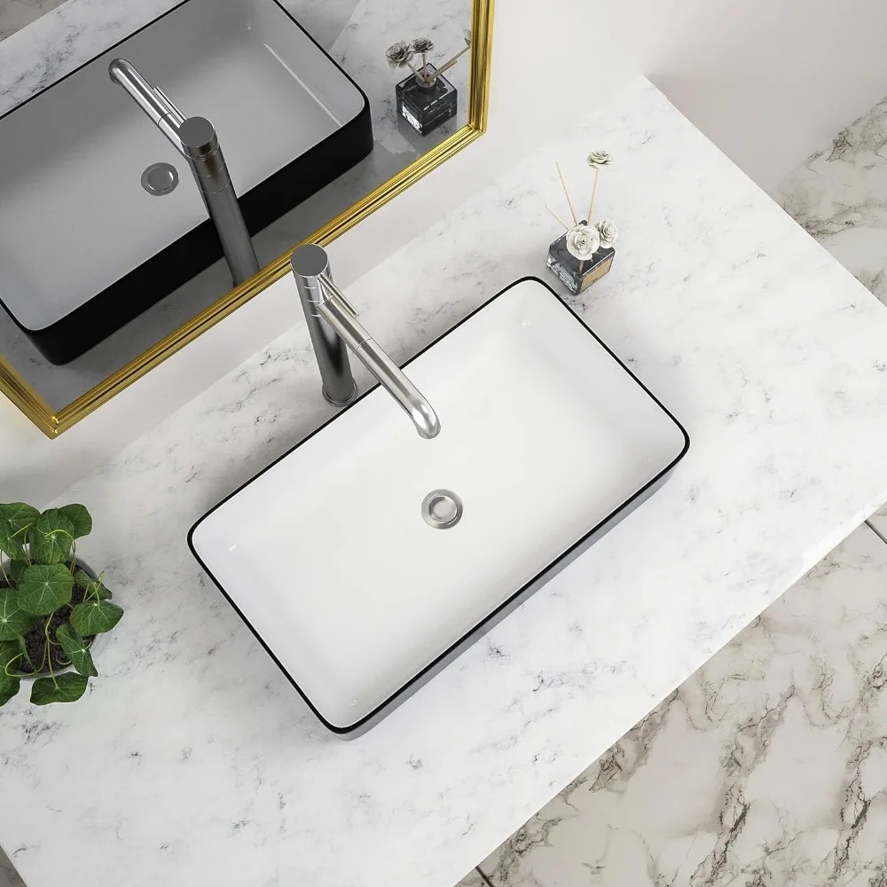 

Bathroom Items Rectangular Modern Above Counter Ceramic Porcelain Vessel Sink White and Black Art Basin Accessories Fixture Home