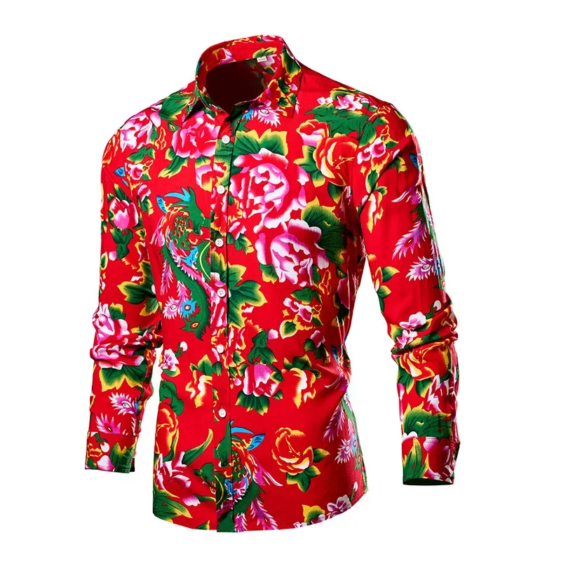 

Мужская Новая повседневная модная популярная рубашка с длинным рукавом и изображением северо-восточных цветов