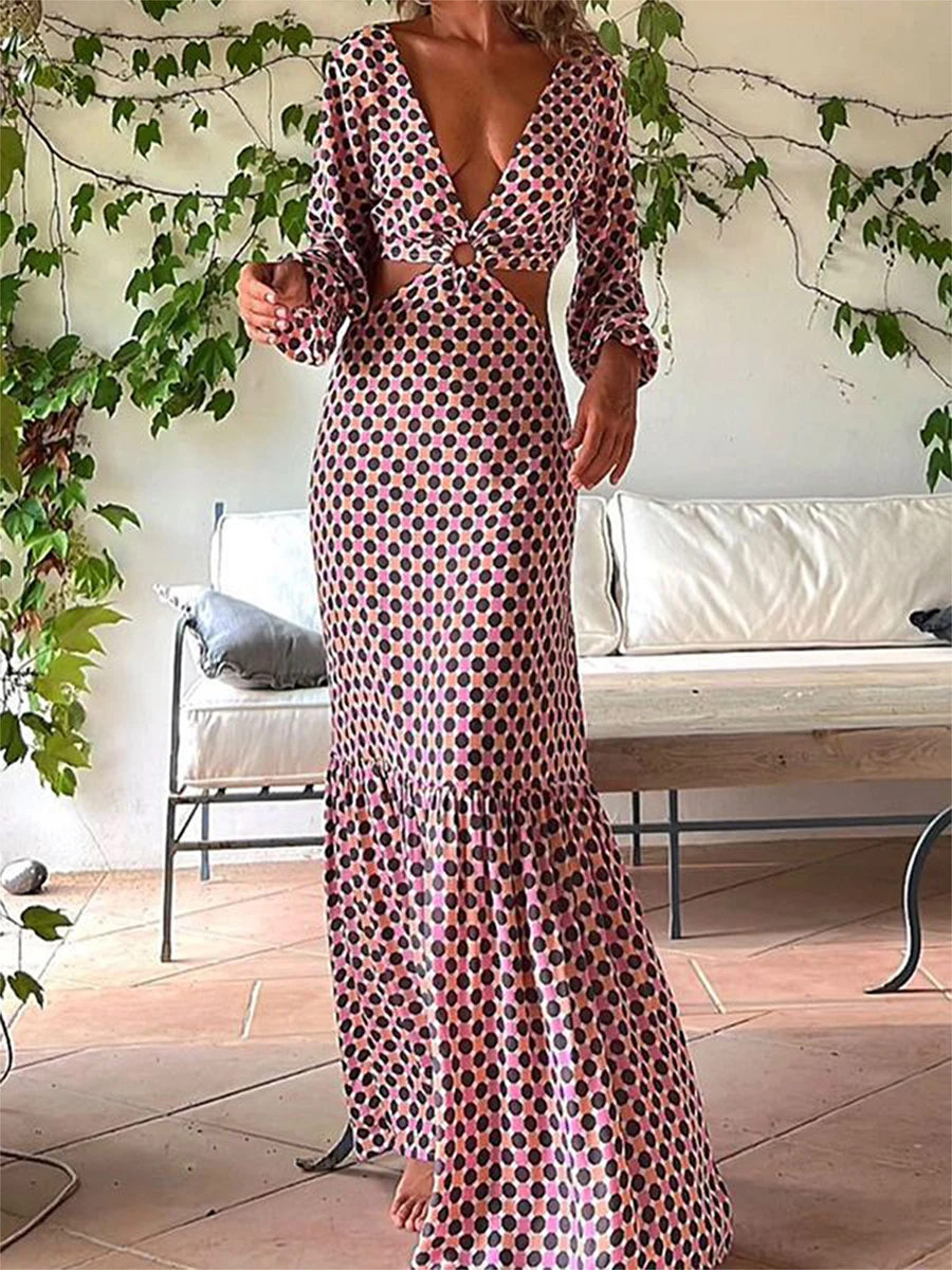 Vintage Geometric Dot Print Women Dress Fall Spring Cutout Waist Long Sleeve Backless Ruffled Party Dress for Cocktail Club
Vintage Geometric Dot Print Women Dress Fall Spring Cutout Waist Long Sleeve Backless Ruffled Party Dress for Cocktail Club