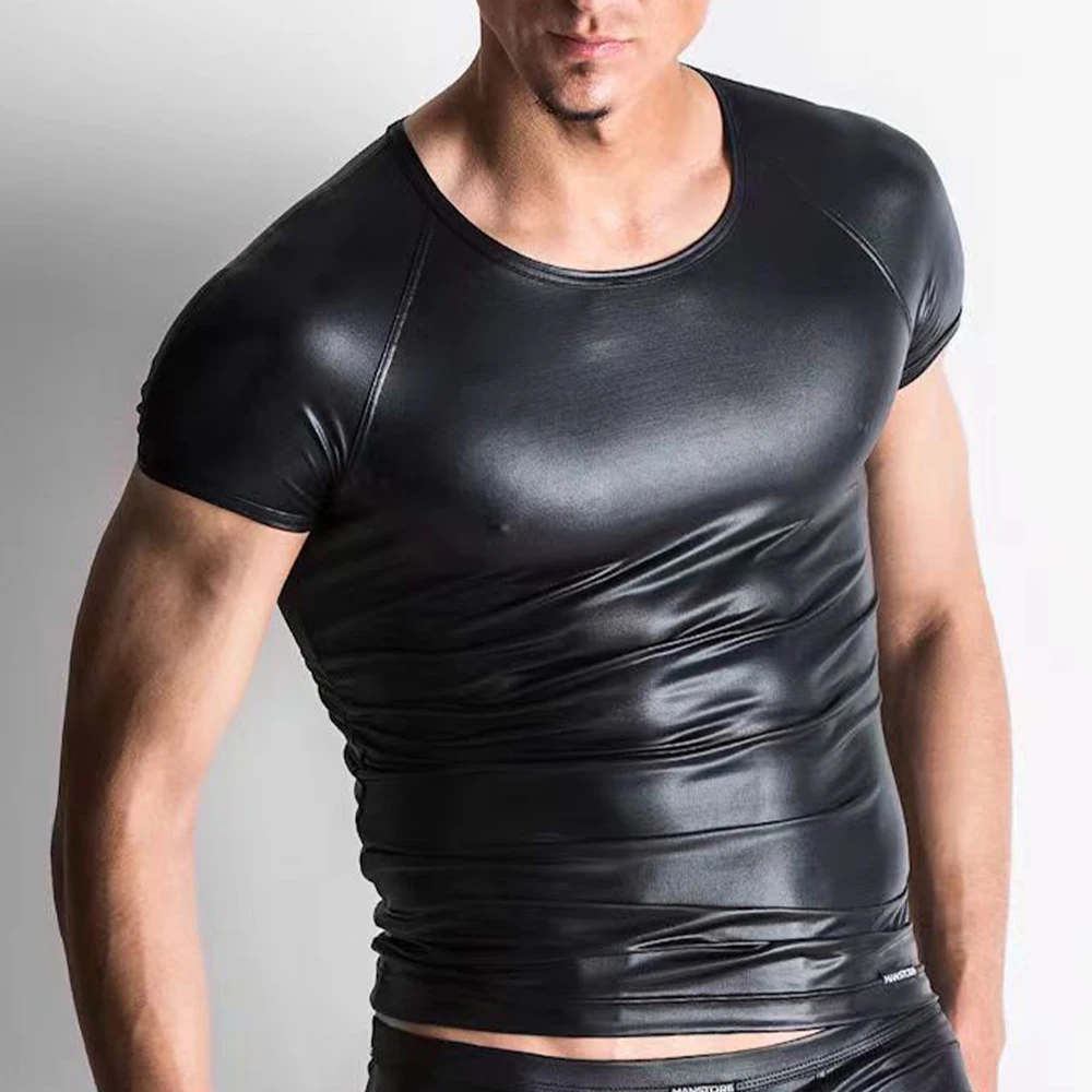 Fashion Man Stretch Black Faux Leather T-Shirts Short Sleeve Top Shirt PU Wet-Look Tees Slim Tops T Shirt For Men Clothing
Fashion Man Stretch Black Faux Leather T-Shirts Short Sleeve Top Shirt PU Wet-Look Tees Slim Tops T Shirt For Men Clothing