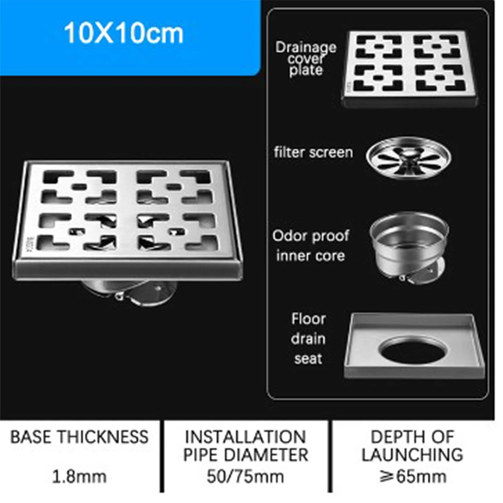 3.93 Inch Square Shower Floor Drain, Stainless Steel Grid Pattern With Removable Cover For Kitchen Bathroom Hardware Fittings
3.93 Inch Square Shower Floor Drain, Stainless Steel Grid Pattern With Removable Cover For Kitchen Bathroom Hardware Fittings