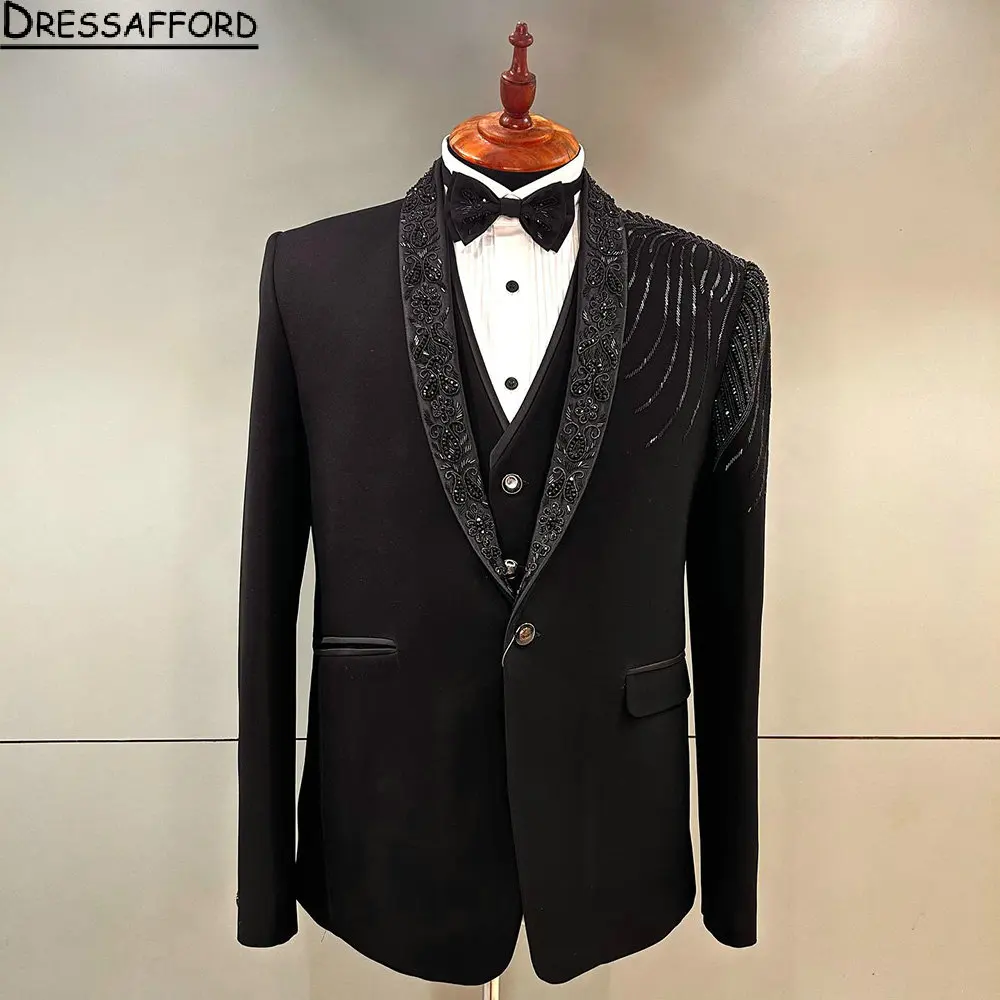 

Black Sequined Appliques Beading Groom Wedding Tuxedos 2 Pieces Formal Suits Men Custom Made Black Prom Blazer Sets Male Fashion