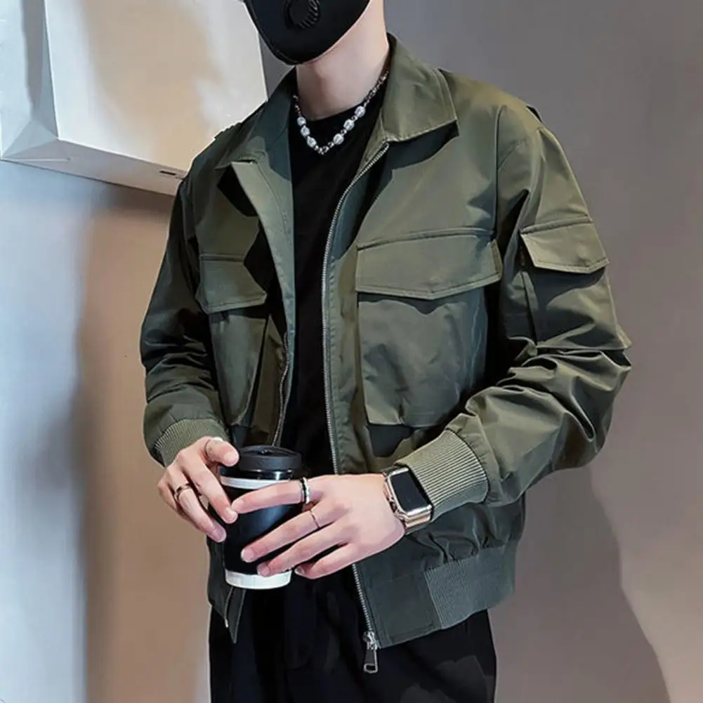 

Loose Fit Workwear Jacket Men's Solid Color Zipper Closure Jacket with Multiple Pockets Lapel Buttons Casual Hip Hop for Smooth