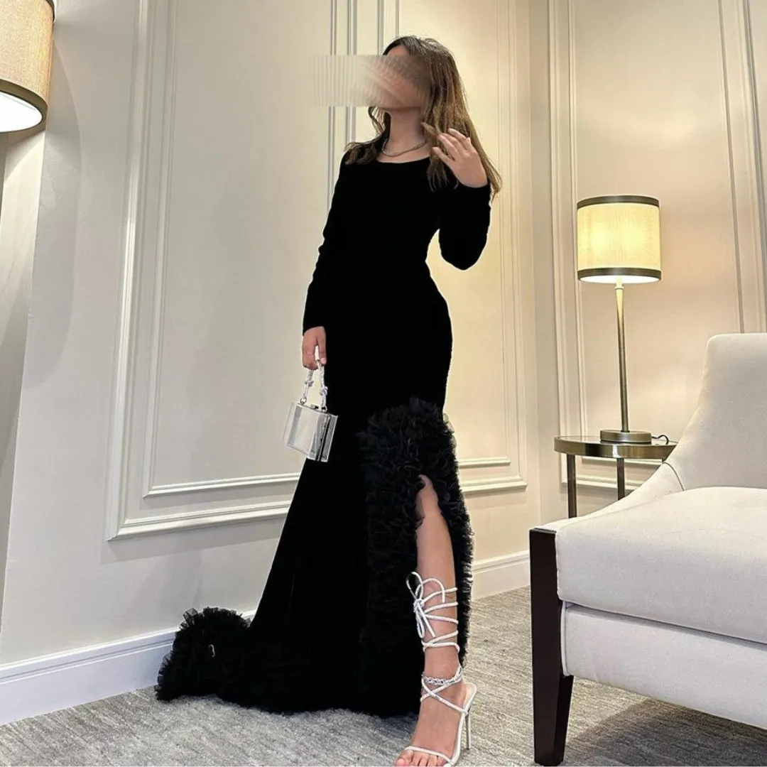 

Fashionvane Black Long Sleeves Prom Dresses Ruffles Side Slit Sexy Cocktail Party Evening Saudi Arabia Women Wear Formal Gowns