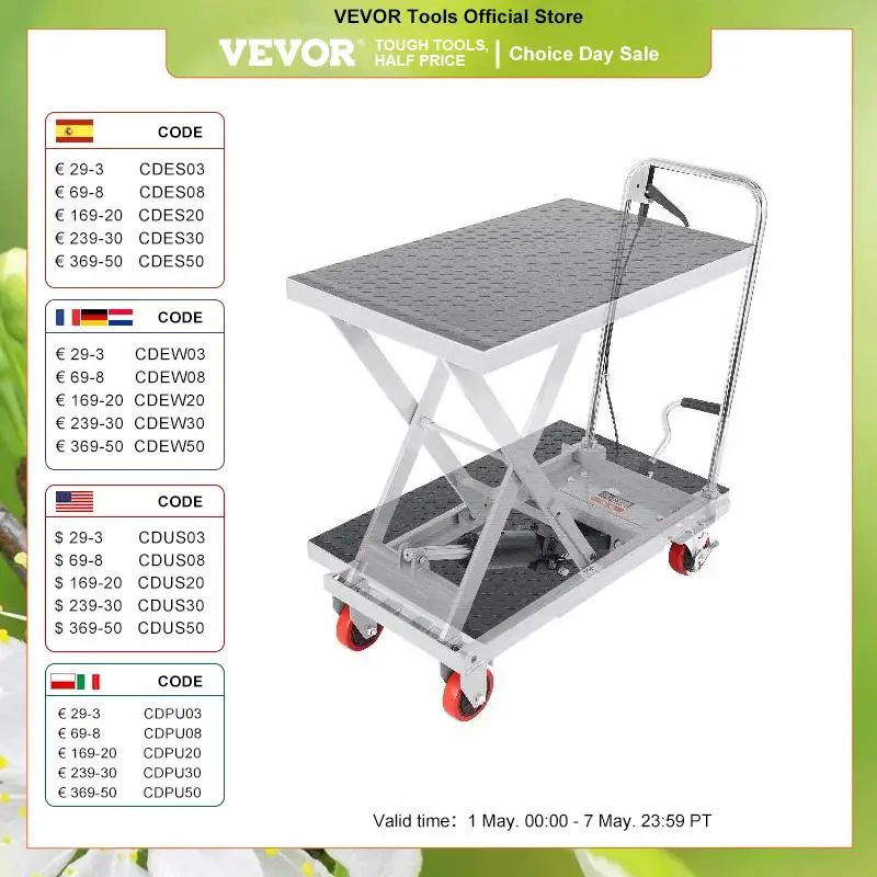 

VEVOR 330/500lbs Hydraulic Lift Table Cart Manual Single Scissor Platform with 4 Wheels and Non-slip Pad for Material Handling