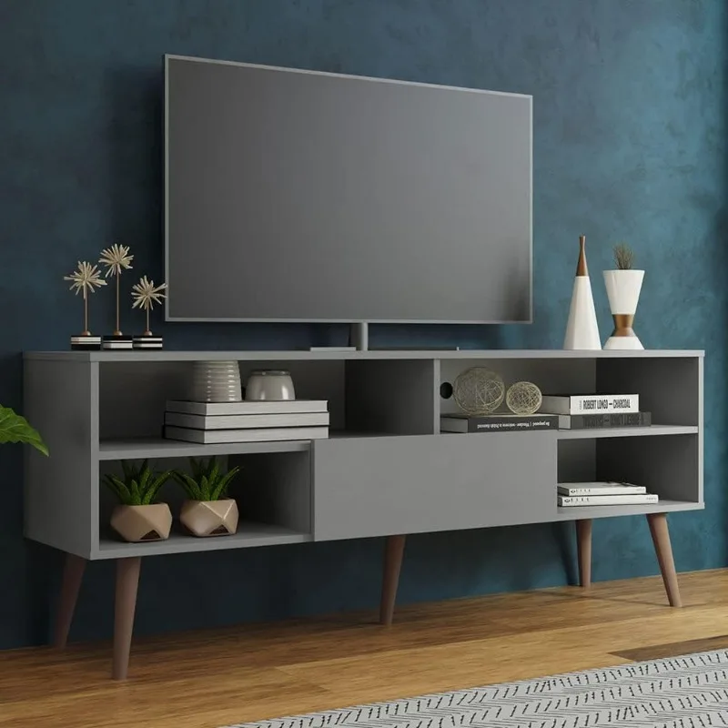 

Modern TV Stand with 1 Door, 4 Shelves for TVs up to 65 Inches, Wood Entertainment Center 23'' H x 15'' D x 59'' L – Gray