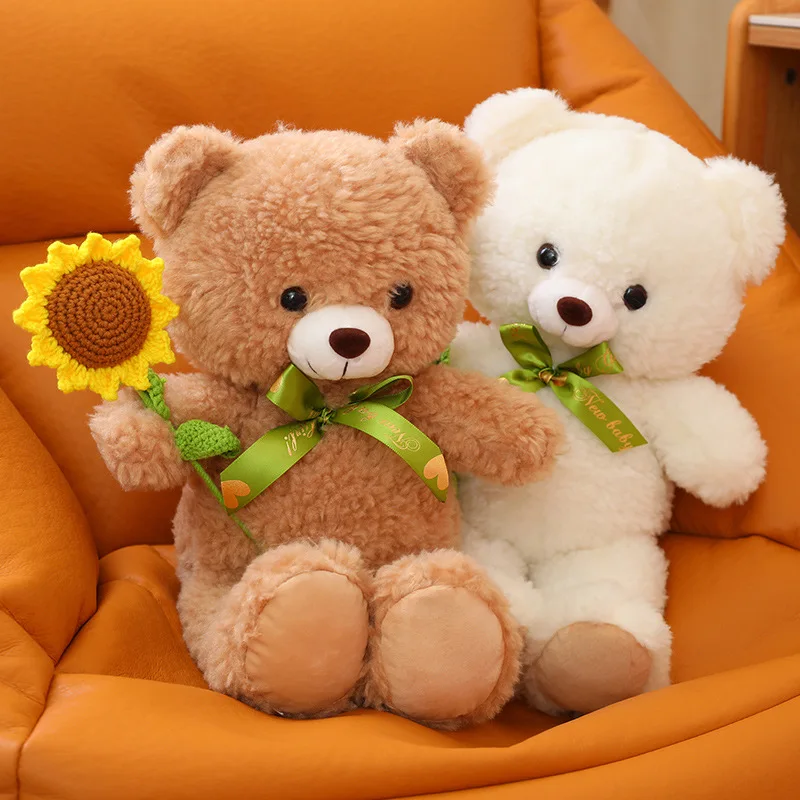 

40CM Kawaii Teddy Bear Holding Sunflower Rose Plush Toy Soft Plushie Bow Bear Doll Toys for Kids Girls Birthday Valentine Gift