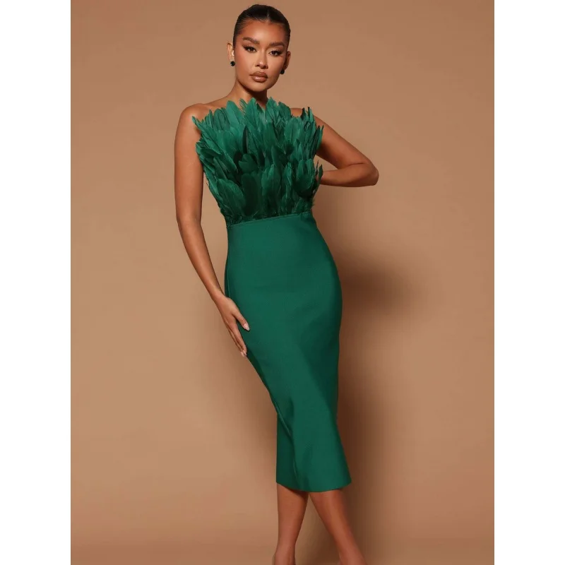 

Hot Sale 2022 New Bandage Dress European and American Fashion Long Feather Backless Slim Fit Banquet Party Dress Skirt