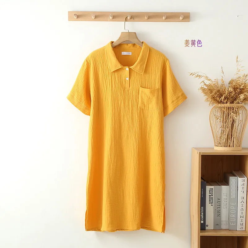 

2023 Summer New Women's Sleeping Dress 100% Cotton Crepe Short Sleeve Polo Dress Women's Button Home Casual Dress Nightgown