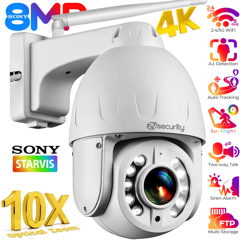 

4K 8MP Wifi PTZ Surveillance Camera Outdoor 5X 10X Optical Zoom Speed Dome IP Camera Auto Tracking Color Night Metal CCTV Camera