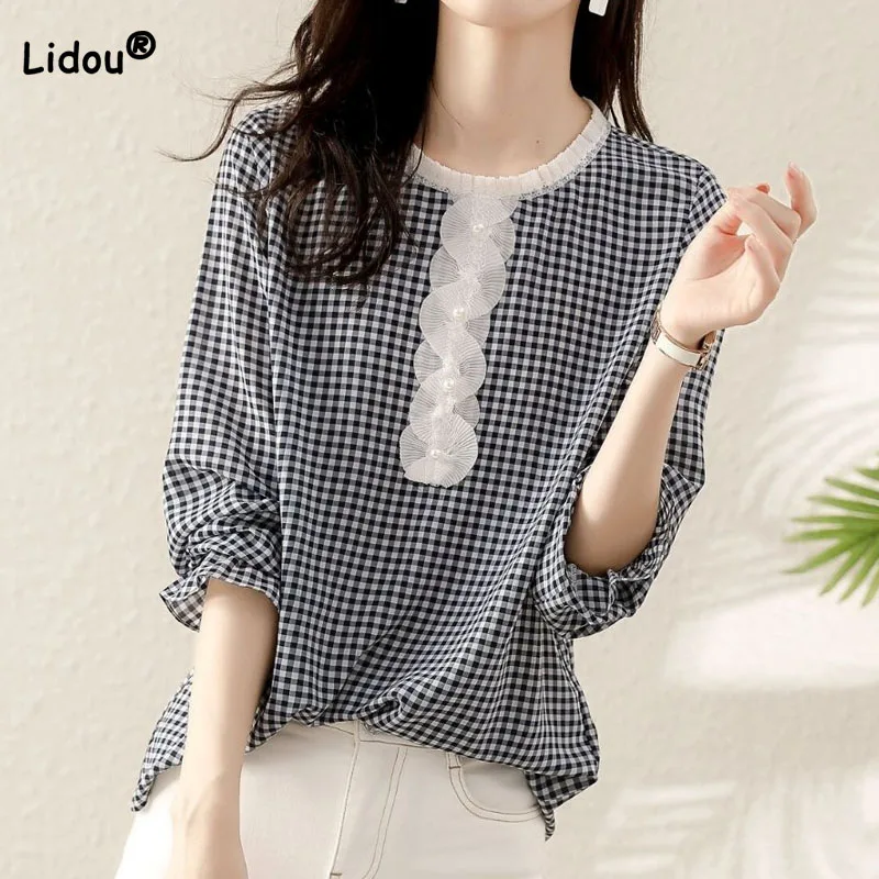 Fashion Casual Female Plaid Printing Shirt 2022 Autumn All-match New Loose Simplicity Lace Spliced Beading Round Neck T-shirt
Fashion Casual Female Plaid Printing Shirt 2022 Autumn All-match New Loose Simplicity Lace Spliced Beading Round Neck T-shirt