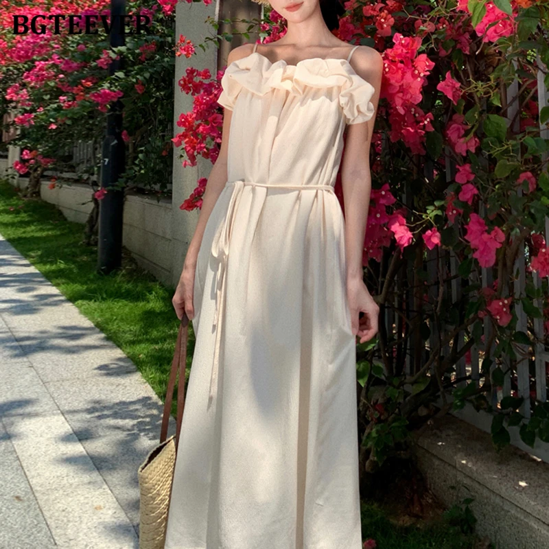 

BGTEEVER Chic Casual Ruffles Ladies Spaghetti Strap Mid-Length Dress Summer Vintage Slim Waist Lace-up Female A-line Dress
