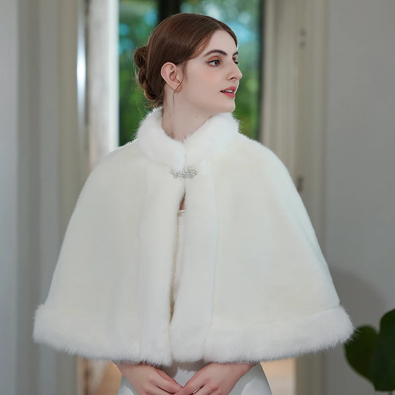 

JaneVini 2023 Winter Ivory Faux Fur Wrap Shawl Bride Wedding Bolero Fourrure De Mariage High Neck Bridal Shrug Cloak Coat Jacket