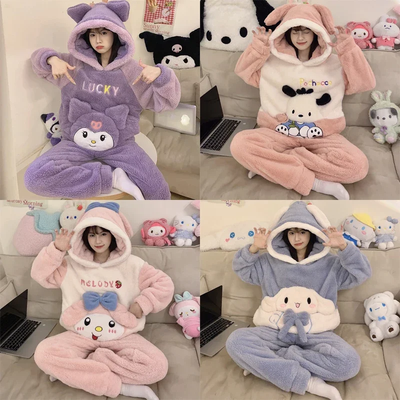 

Sanrios Kuromi Cinnamoroll My Melody Women's Winter Pajamas Cute Cartoon Anime Hooded Pajama Set Long Sleeve Warm Homewear Gift