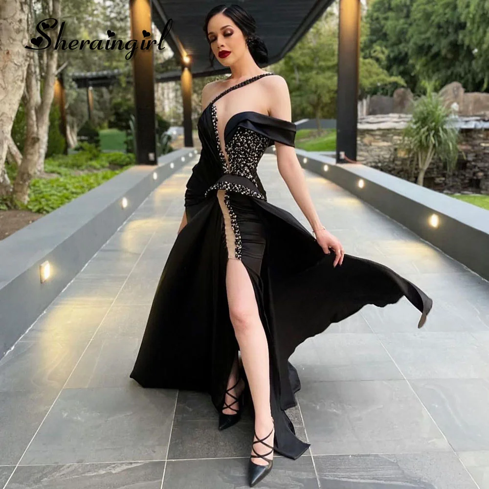 

SHERAIN Sparkly Classic Evening Dresses Rhinestones Asymmetric Pleat Side Slit Hi-Lo Vestidos de Fiesta Para Mujer Custom Made