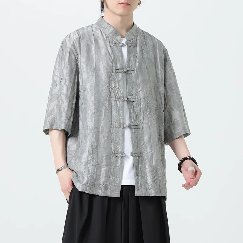 

Men Chinese Style Hanfu Shirt Mens Loose Tops Tang Suit Linen Pattern Traditional Kung Fu Shirts Male Cotton Kimono Shirts M-5XL