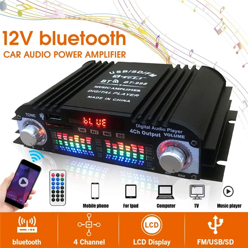 BT-998 Hifi Audio Home Digital Amplifiers Car Audio Bass Power Bluetooth Amplifier FM USB SD Radio for Subwoofer Speakers DC12V
BT-998 Hifi Audio Home Digital Amplifiers Car Audio Bass Power Bluetooth Amplifier FM USB SD Radio for Subwoofer Speakers DC12V