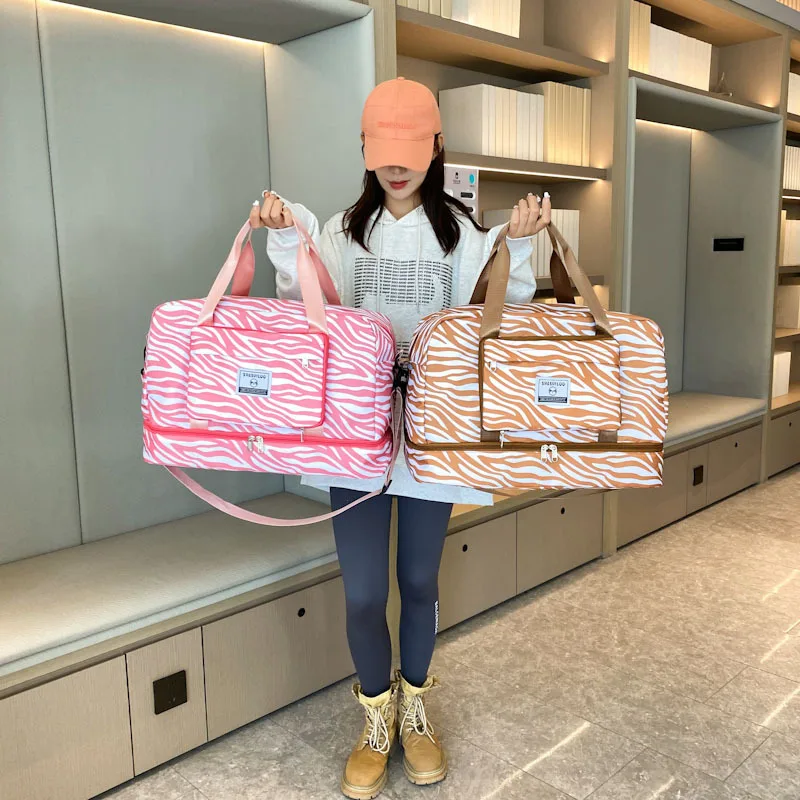 

Large Size Luggage Bag Women Travel Handbag Zebra Print Waterproof Pull Rod Boarding Fitness Dry and Wet Separation Weekend Bag