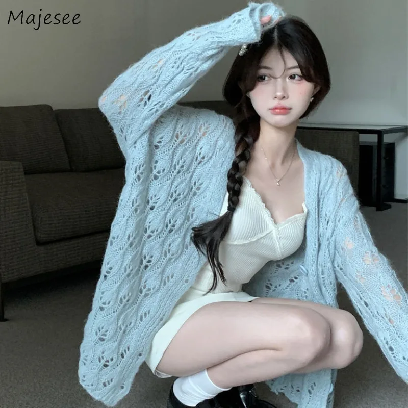 

Cardigan Women Baggy Korean Fashion Jacquard Hollow Out Designed Sweet Thin Sun-proof Solid All-match Streetwear Summer Mujer