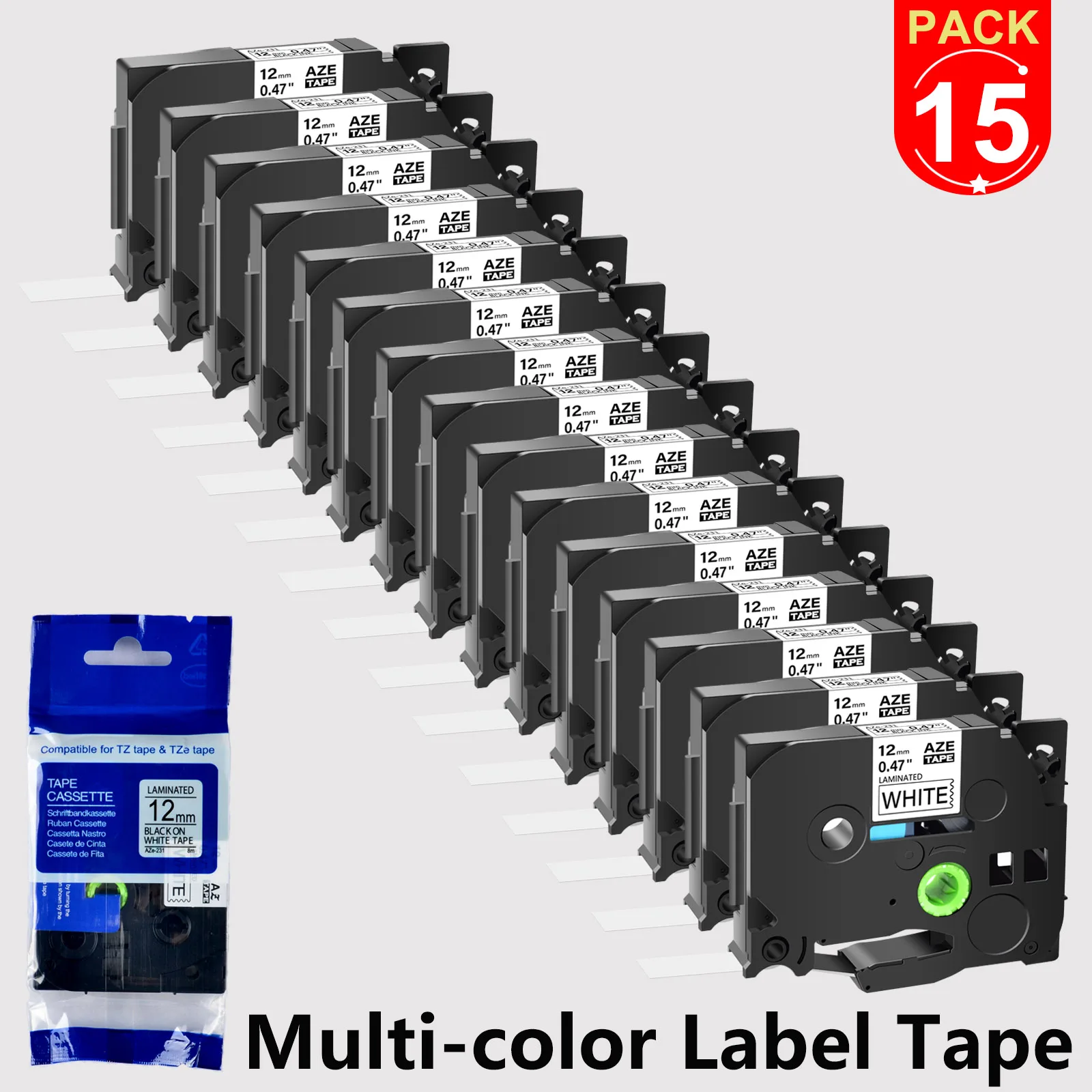 

15PK 6/9/12/18/24mm TZe-231 Black on White Label Tapes Compatible for Brother TZE-241 335 131 TZ 631 for P-Touch Label Printers