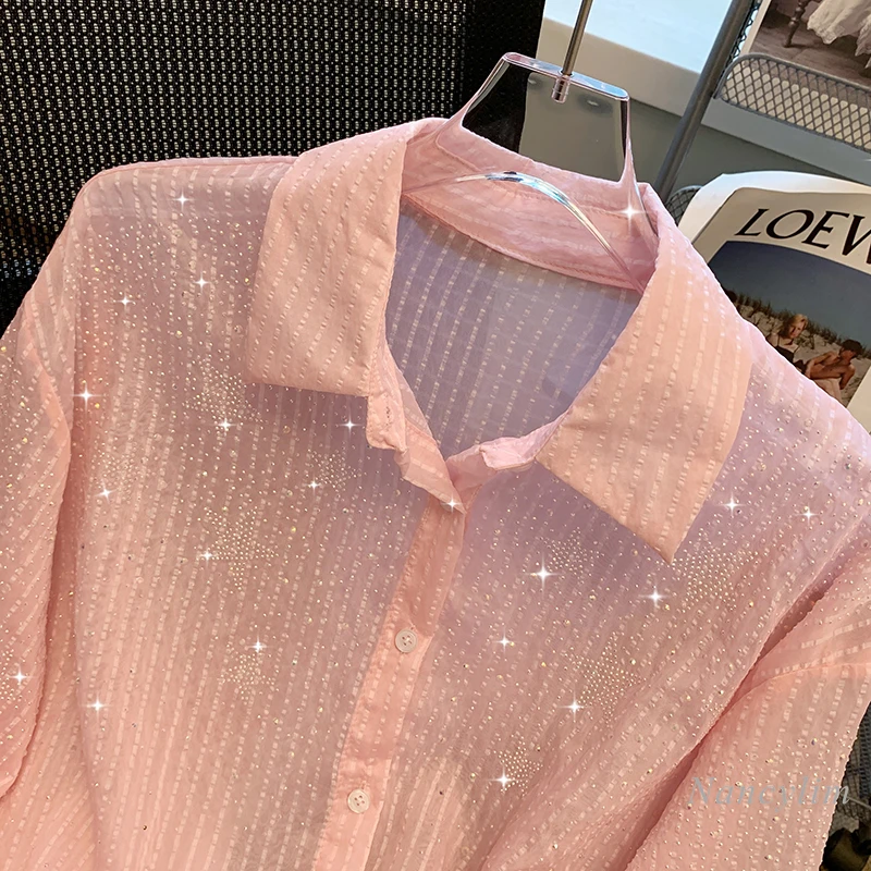 White Rhinestone Striped Sun Protection Shirt Women's Summer Thin Coat New Air Conditioning Blouse Loose Long Sleeve Chiffon Top
White Rhinestone Striped Sun Protection Shirt Women's Summer Thin Coat New Air Conditioning Blouse Loose Long Sleeve Chiffon Top