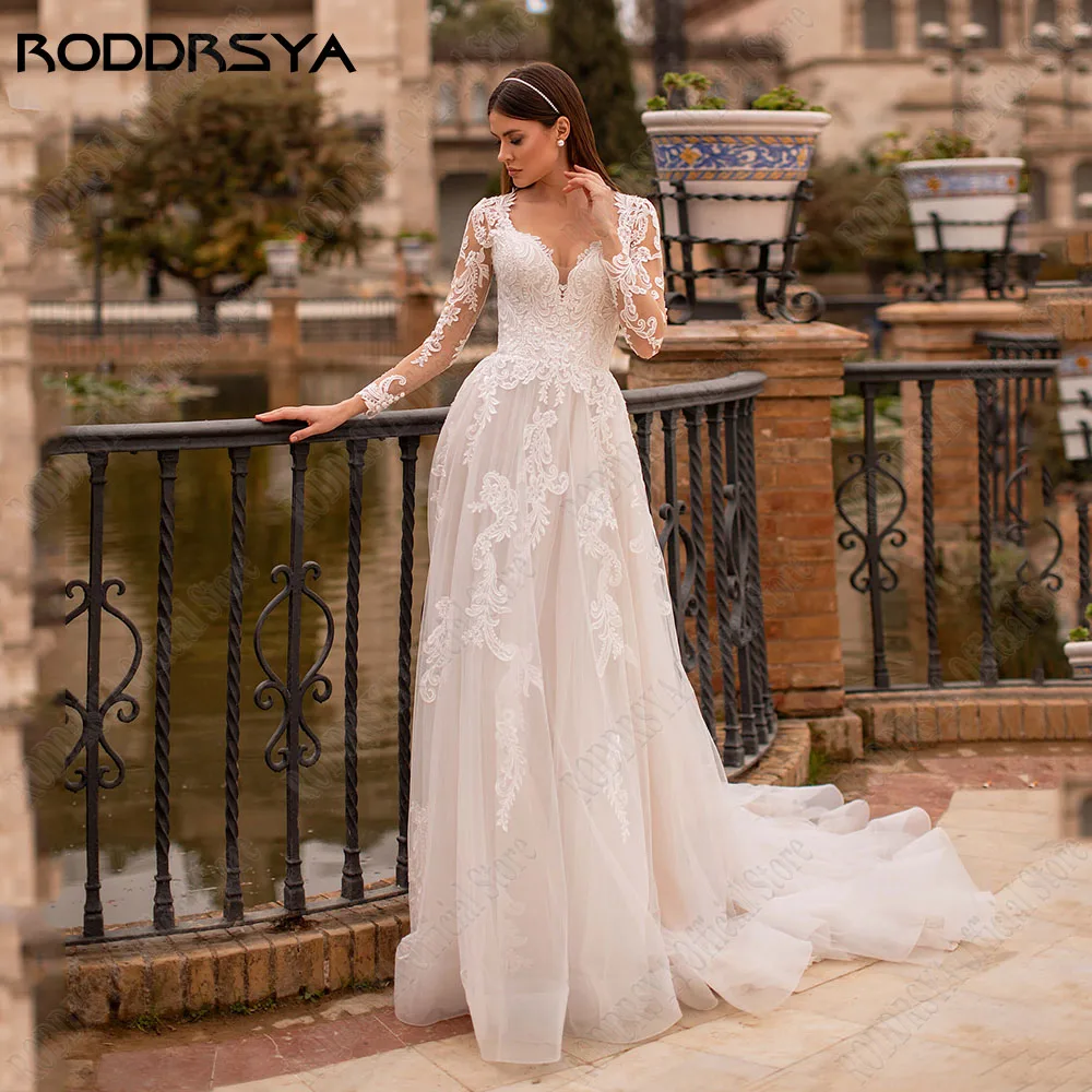 

RODDRSYA Light Champagne Boho Wedding Dresses Long Sleeves A-Line Applique Bride Gowns Tulle Sweep Train vestidos de novia