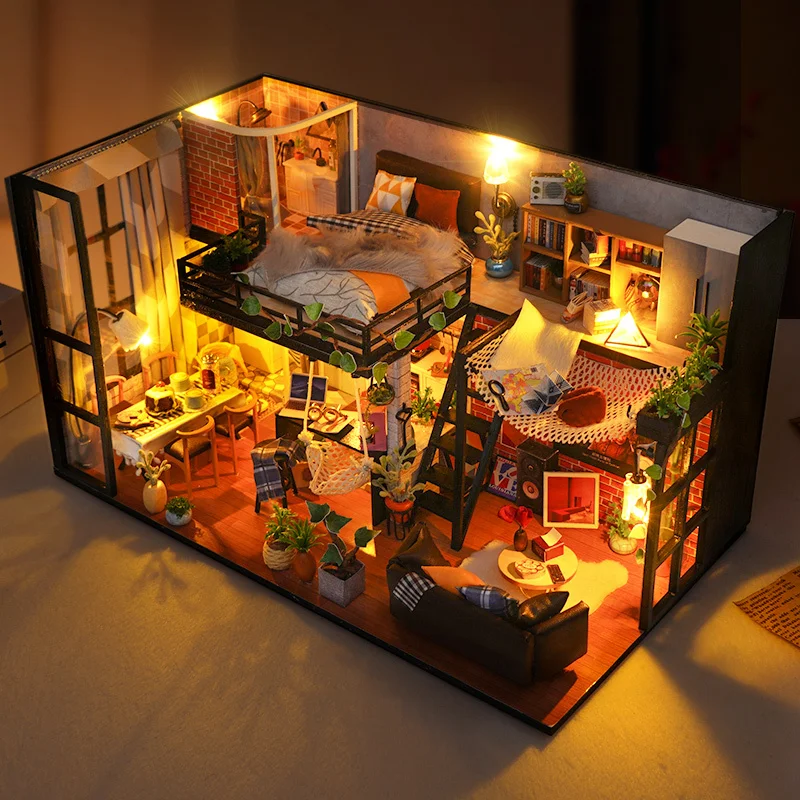 

DIY Wooden Miniature Building Kit Doll Houses With Furniture Modern Loft Villa Dollhouse Model Handmade Toys For Girls Xmas Gift