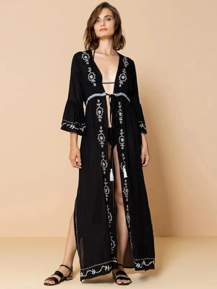 Beach Cover Ups for Swimwear Women Flower Embroidery Elegant Kimono Dress Bathing Suits Flare Sleeve Black Holiday Beachwear
Beach Cover Ups for Swimwear Women Flower Embroidery Elegant Kimono Dress Bathing Suits Flare Sleeve Black Holiday Beachwear