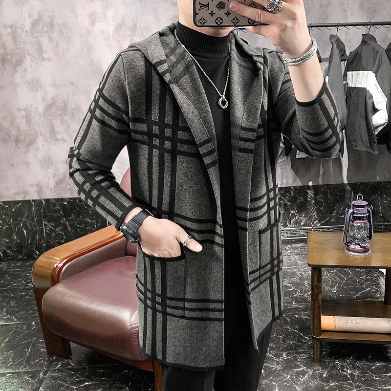 

Fashion British Luxury Men's Plaid Mid-length Knit Cardigan Slim-fit Social Casual Men's Hooded Trench Coat Men's Sweater Jacket