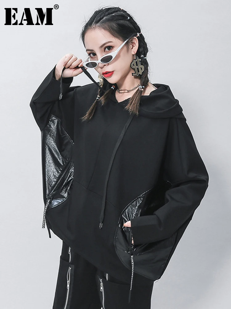 

[EAM] Loose Fit Black Split Joint Pocket Sweatshirt New Round Neck Long Sleeve Women Big Size Fashion Spring Autumn 2023 1Z323