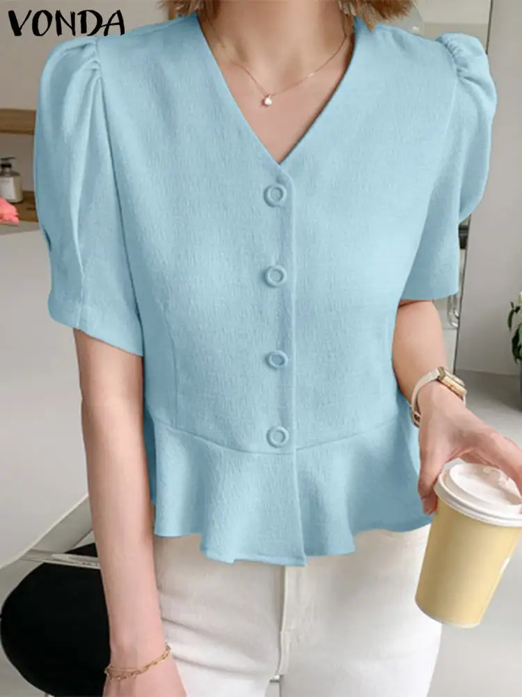 Fashion Short Sleeve Puff Sleeve Blouse 2023 Women Shirts VONDA Summer Solid Color V-Neck Tops Female Casual Shirts Oversized
Fashion Short Sleeve Puff Sleeve Blouse 2023 Women Shirts VONDA Summer Solid Color V-Neck Tops Female Casual Shirts Oversized