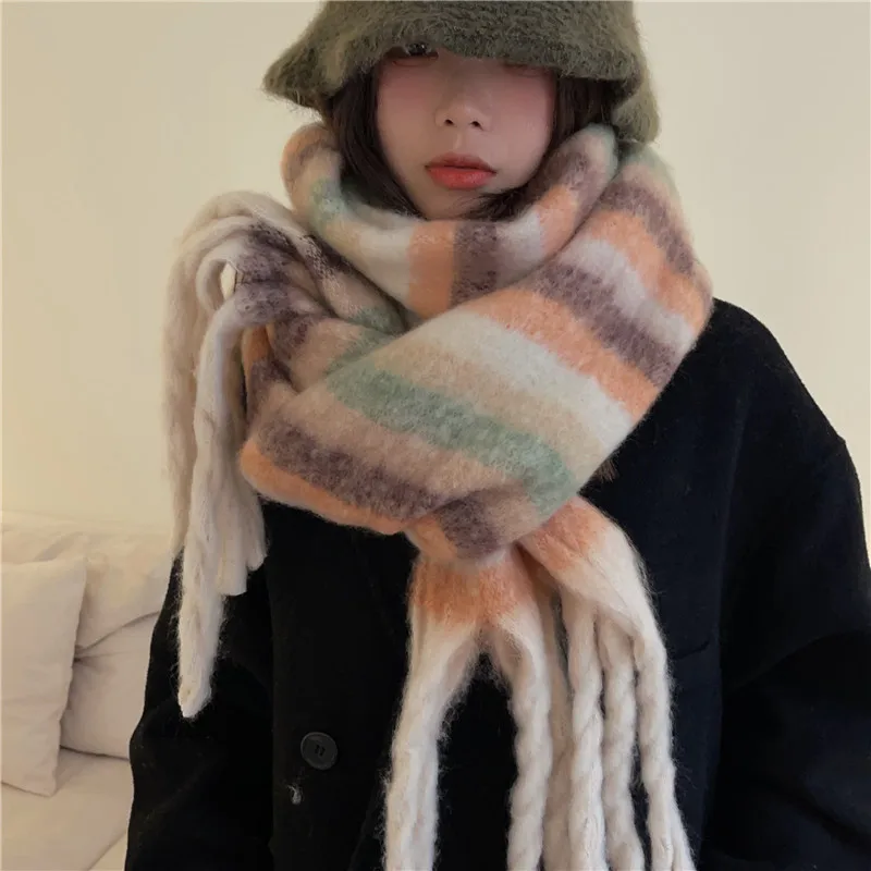 

New mohair solid color women `s scarf winter warm bib thickened wool knitted thick fringed shawl outside cotton men`s scarf