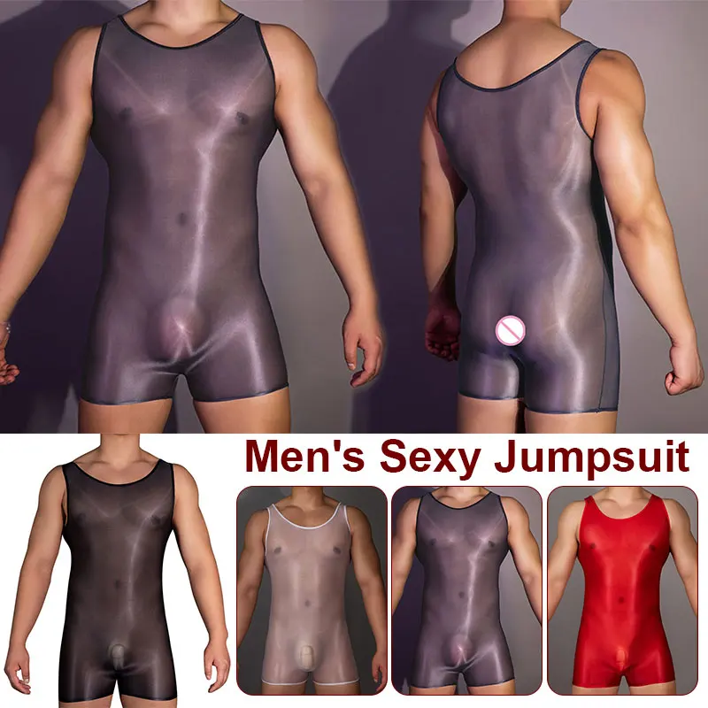 

Mens Oil Shiny Sexy Sissy Bodysuit Glossy Jumpsuit Stretchy Sexy Sheer Lingerie See Through Briefs Breathable Erotic Underwear