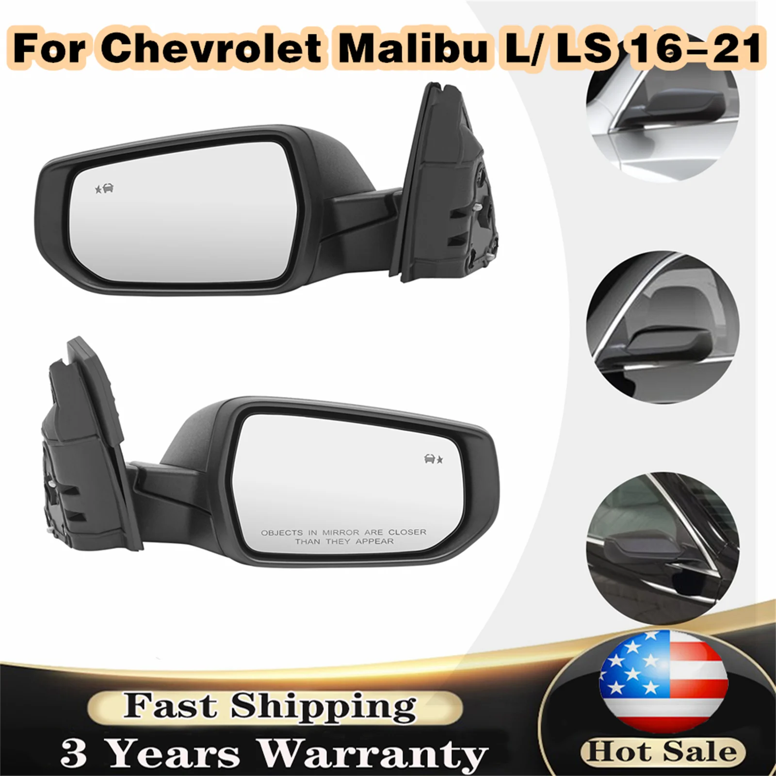 

Black Rearview Mirror Heated Fit For Chevrolet Malibu L/ LS 2016-2021 GM1320558 GM1321558 Pair /Left Or Right Side