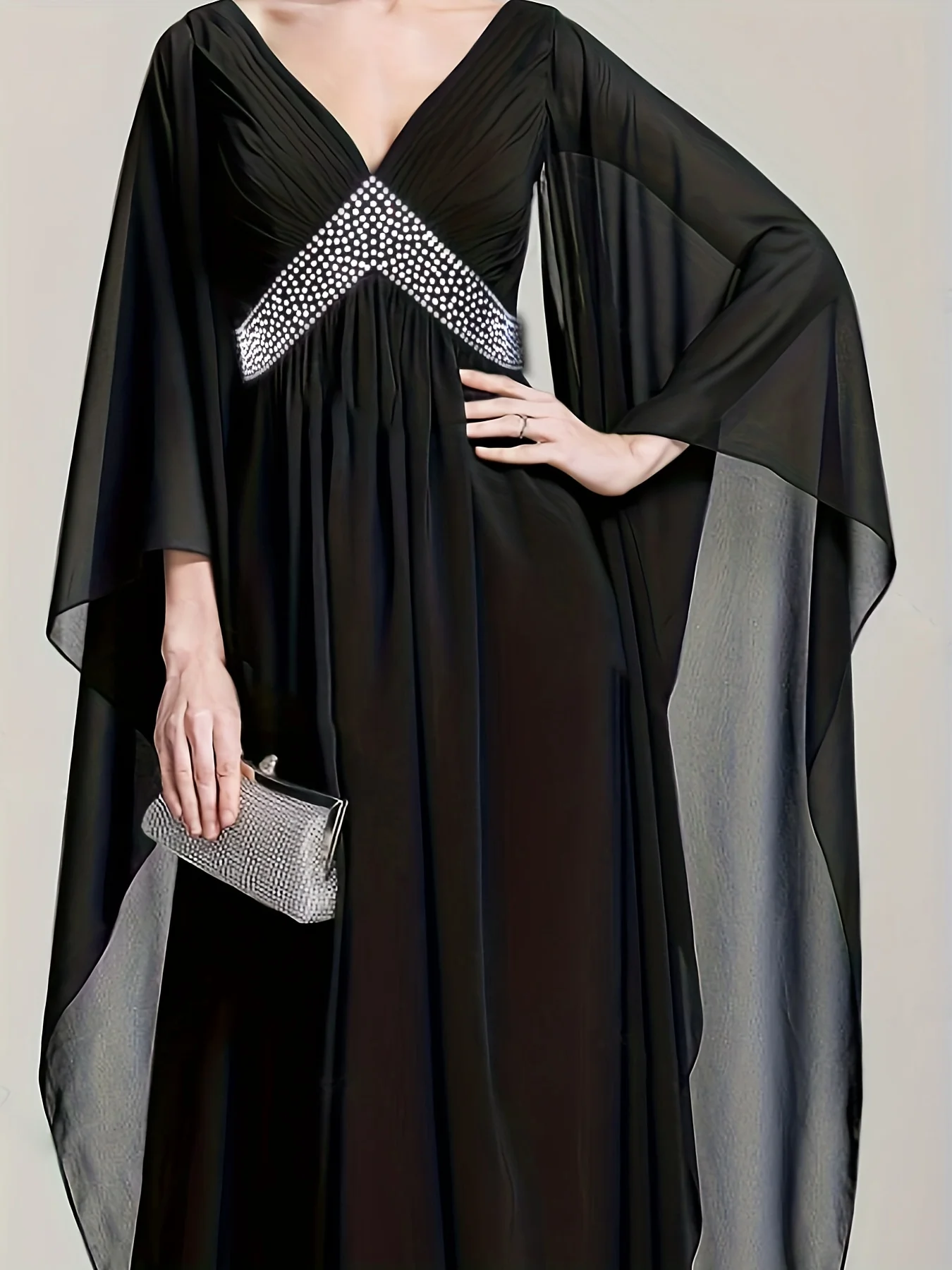 Plus Size Elegant Dress, Women's Plus Rhinestone Decor V Neck Bell Sleeve Ruched Maxi Party Dress
Plus Size Elegant Dress, Women's Plus Rhinestone Decor V Neck Bell Sleeve Ruched Maxi Party Dress