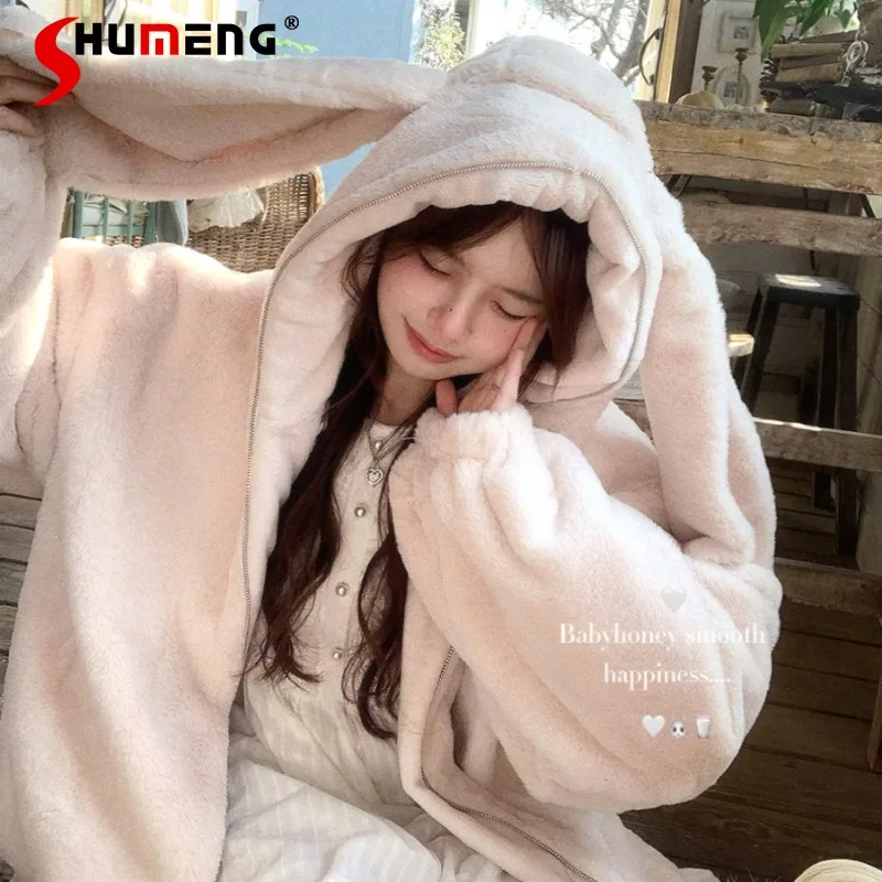 

Women Clothes Furry Soft Rabbit Ear Thicken Jacket Japanese Rojita Style Soft Girl Long Sleeved Coat Champagne Jaquetas Feminina