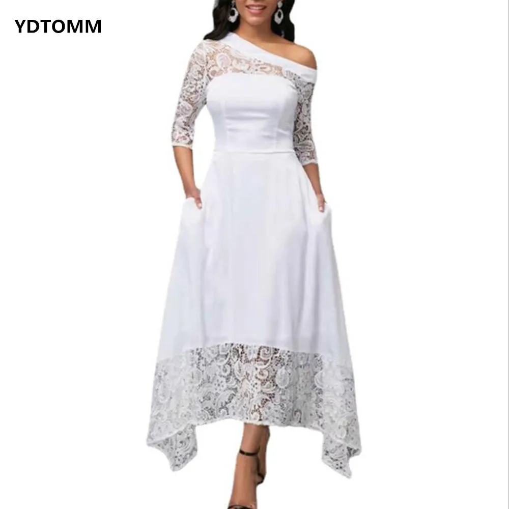 

Elegant Diagonal Collar Lace Evening Party Dress Women Bridesmaid Sheer Lace Crochet White Hollow Out Irregular Long Dress